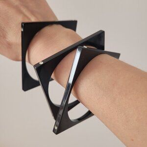 Set of 3 1980s Plastic Square Black Bracelets with Crystals